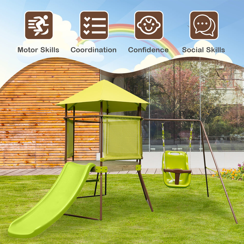 4-in-1 swing set with covered playhouse fort, green slide, and adjustable baby seat for outdoor fun and safety.