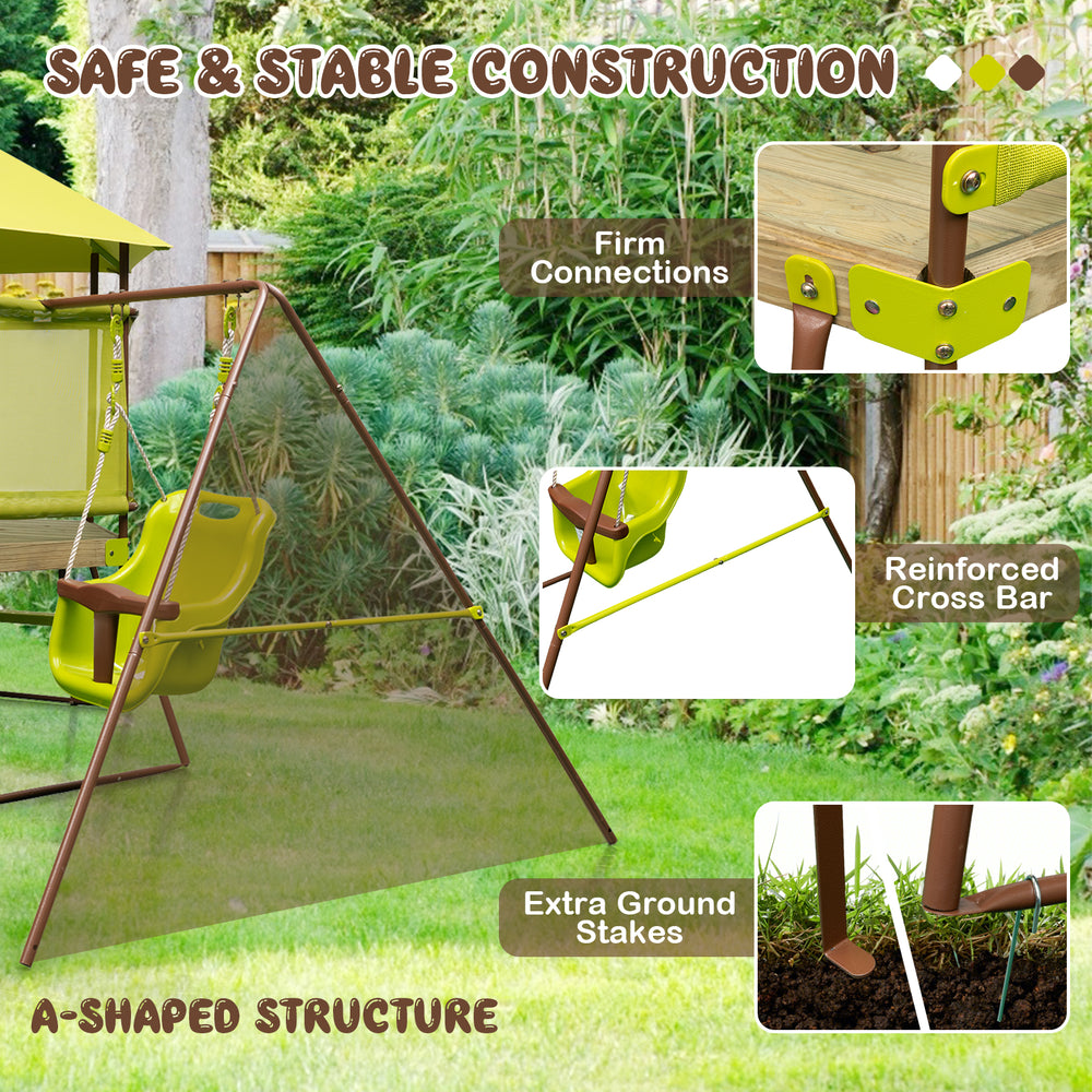A-shaped swing set with height adjustable baby seat, safety nets, and solid metal frame for stability and secure play.