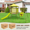 4-in-1 swing set with green covered playhouse, slide, and height adjustable baby seat for outdoor fun and safety.
