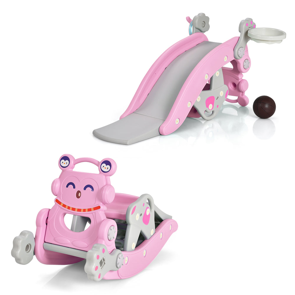 4-in-1 pink rocking horse and slide set for kids, featuring a slide, swing, basketball, and ring-toss activities.