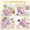 4-in-1 pink rocking horse and slide set for kids featuring sliding, swinging, and basketball activities for fun.
