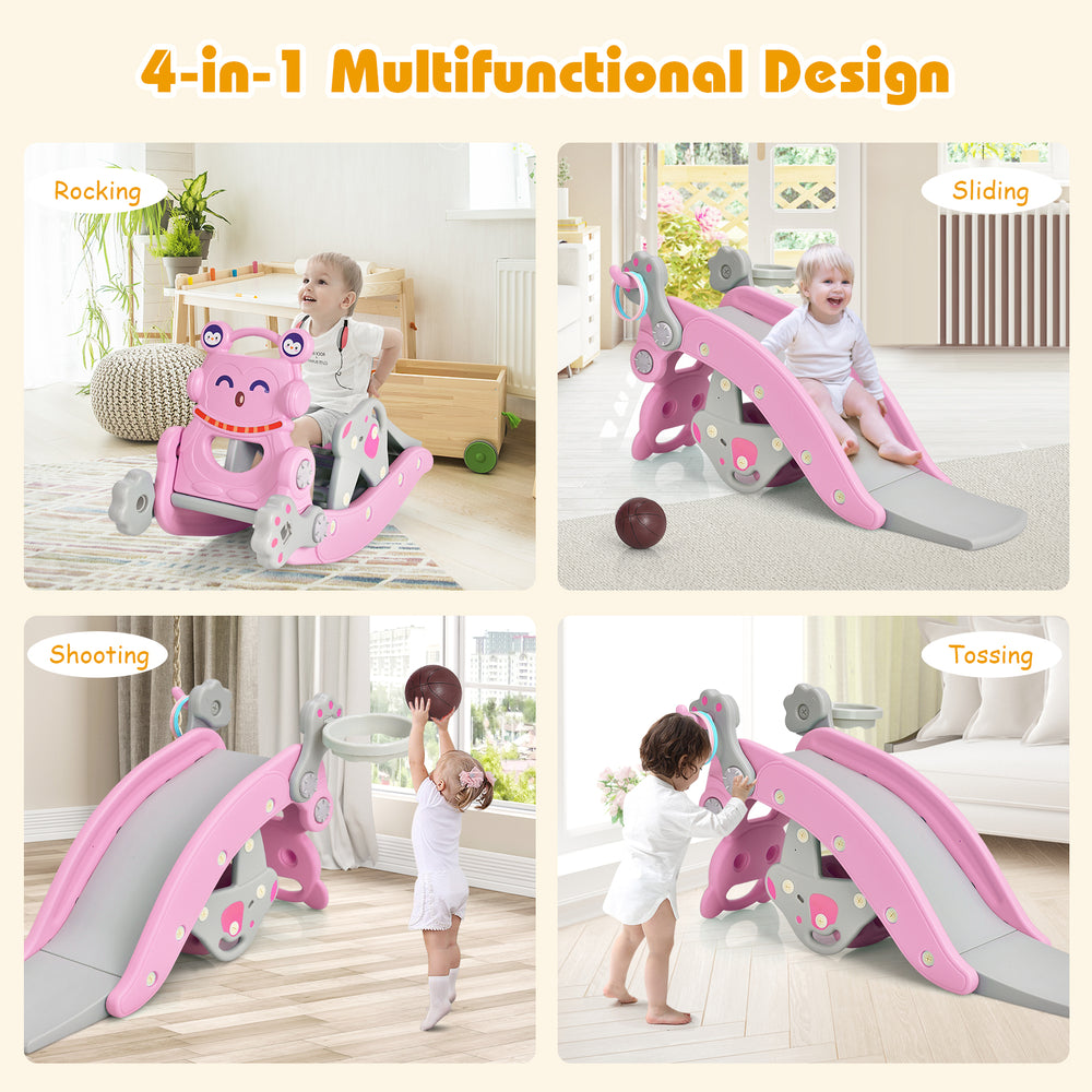 4-in-1 pink rocking horse and slide set for kids featuring sliding, swinging, and basketball activities for fun.