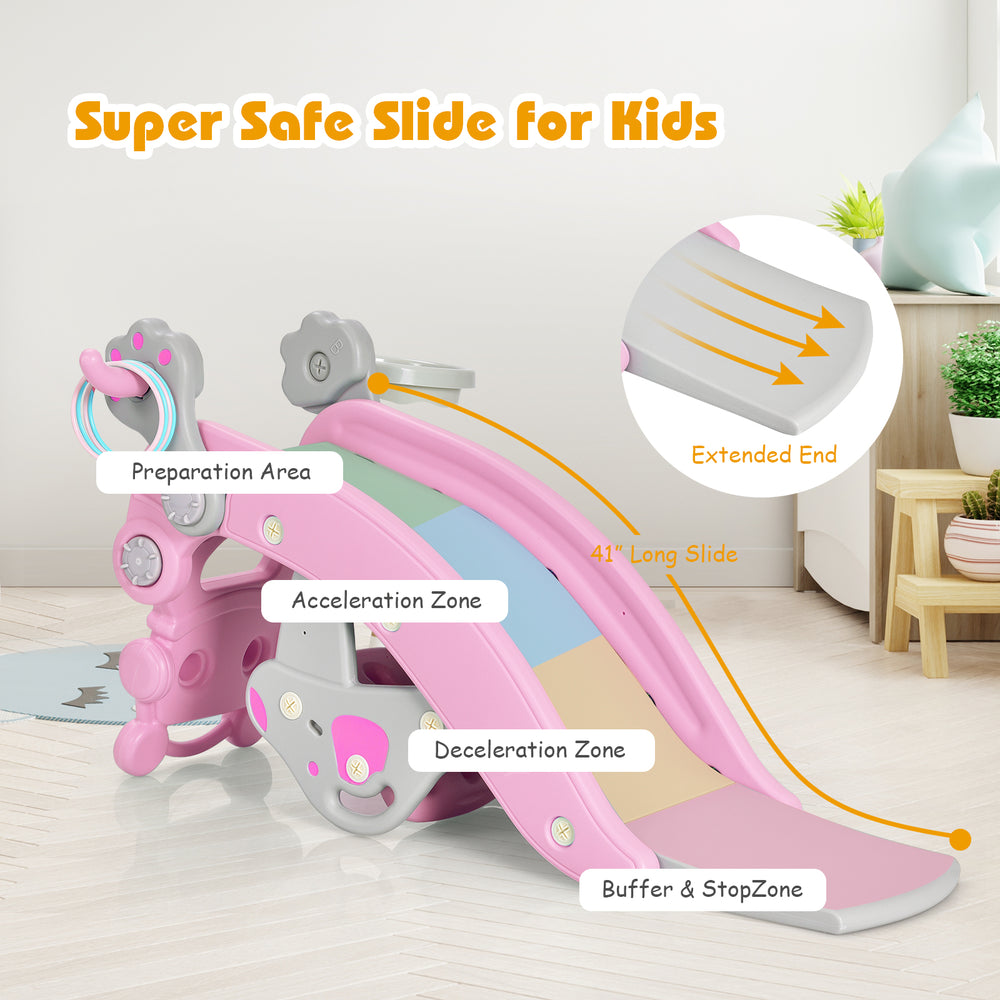 Pink 4-in-1 rocking horse and slide set for kids, featuring ergonomic slide with preparation and acceleration zones.