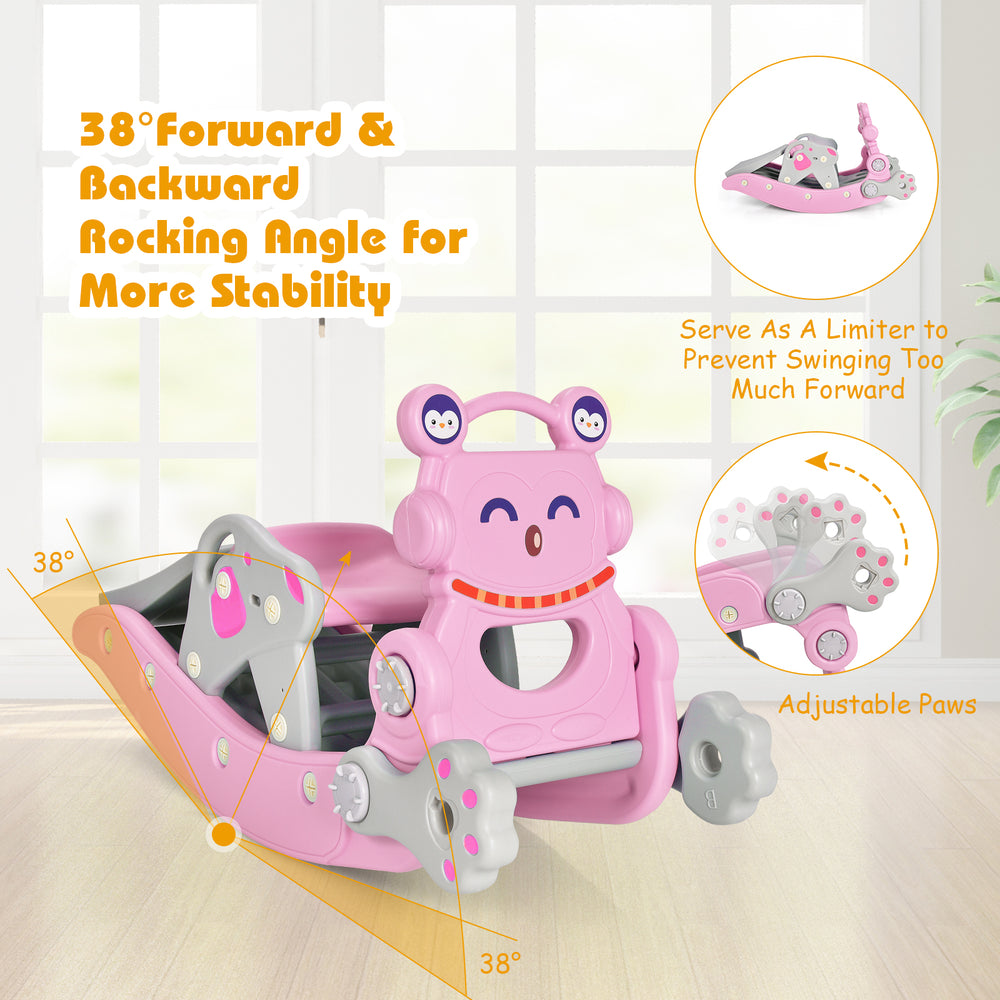 4-in-1 pink rocking horse and slide set with adjustable paws and 38° swing angle for kids' safety and fun.
