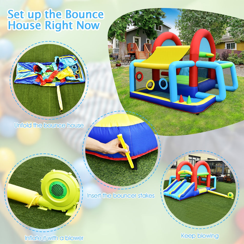 Inflatable jumping castle bounce house with dual slides, ball pit, and 480W blower for outdoor fun and games.