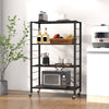 4-tier black foldable storage shelf with wheels, ideal for kitchen or living room, showcasing versatile display options.