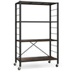 4-tier black foldable storage shelf with sturdy metal frame and wheels, ideal for kitchen or living room organization.