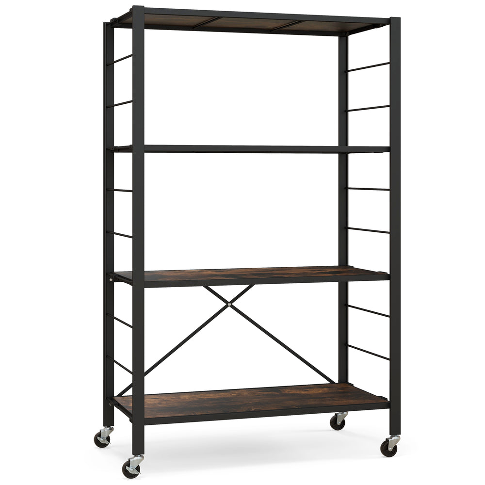 4-tier black foldable storage shelf with sturdy metal frame and wheels, ideal for kitchen or living room organization.