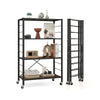 4-tier black foldable storage shelf with wheels, ideal for kitchen or living room, featuring sturdy metal construction.
