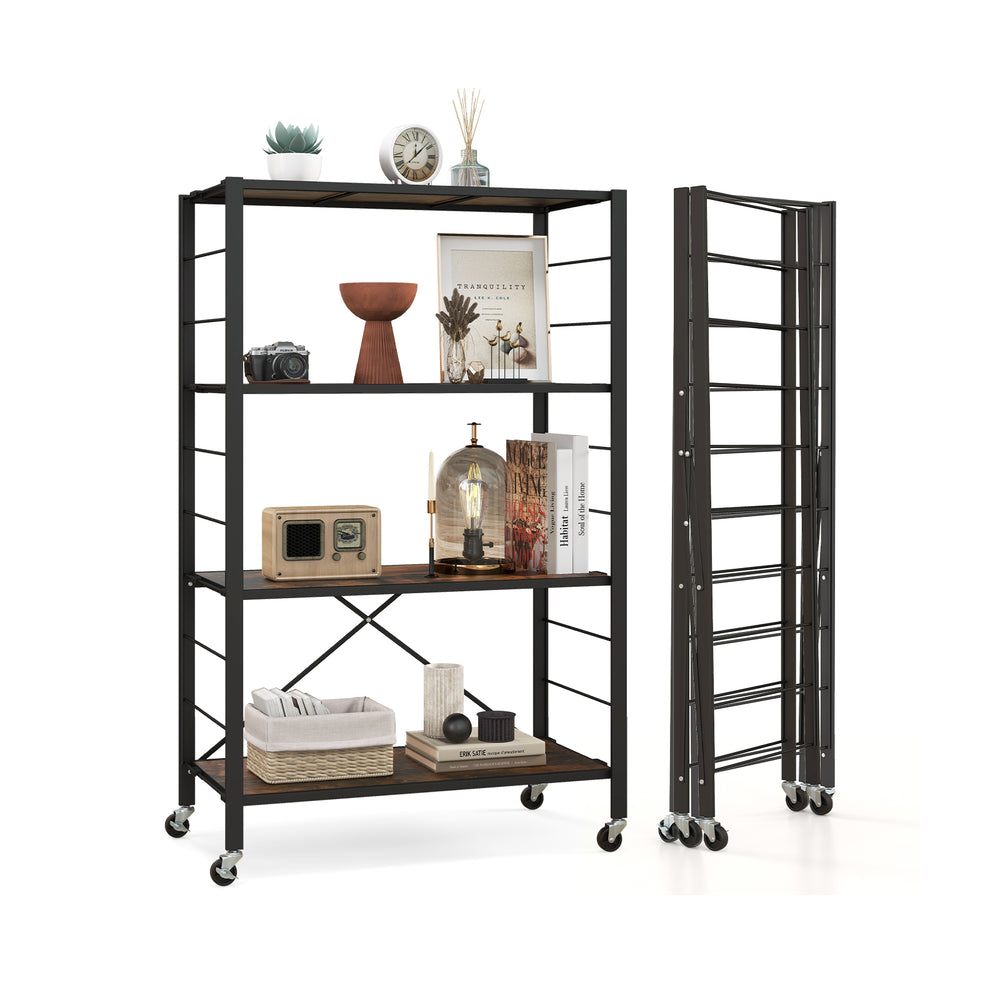 4-tier black foldable storage shelf with wheels, ideal for kitchen or living room, featuring sturdy metal construction.