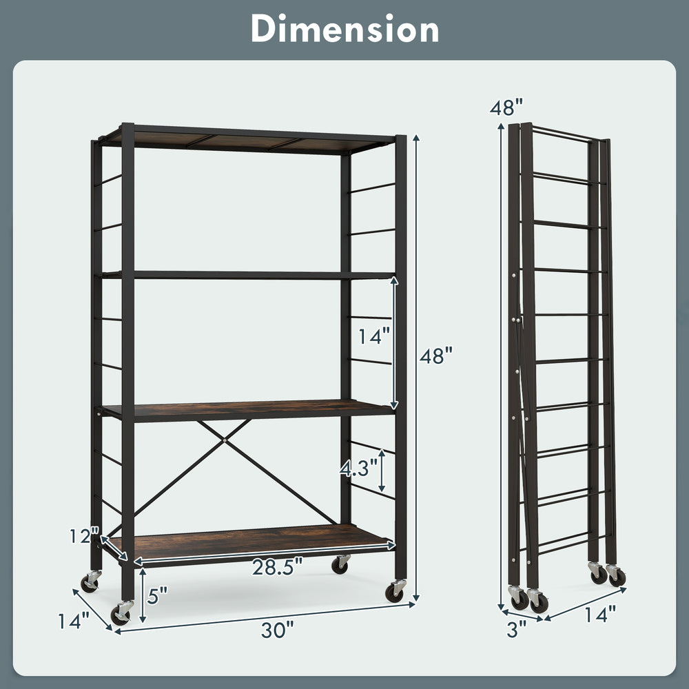 4-tier foldable storage shelf in black with adjustable positions, sturdy metal frame, ideal for kitchen or living room.