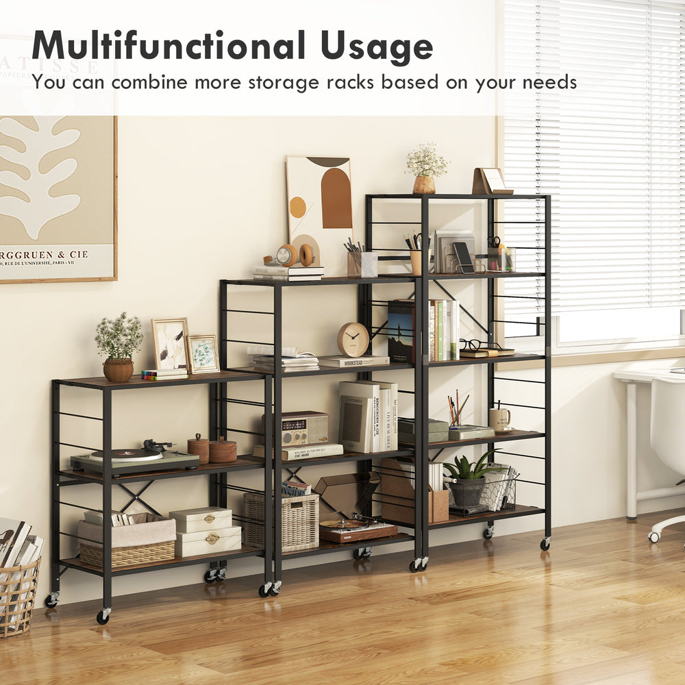 4-tier foldable storage shelf in black with wheels, ideal for kitchen or living room, showcasing versatile display.