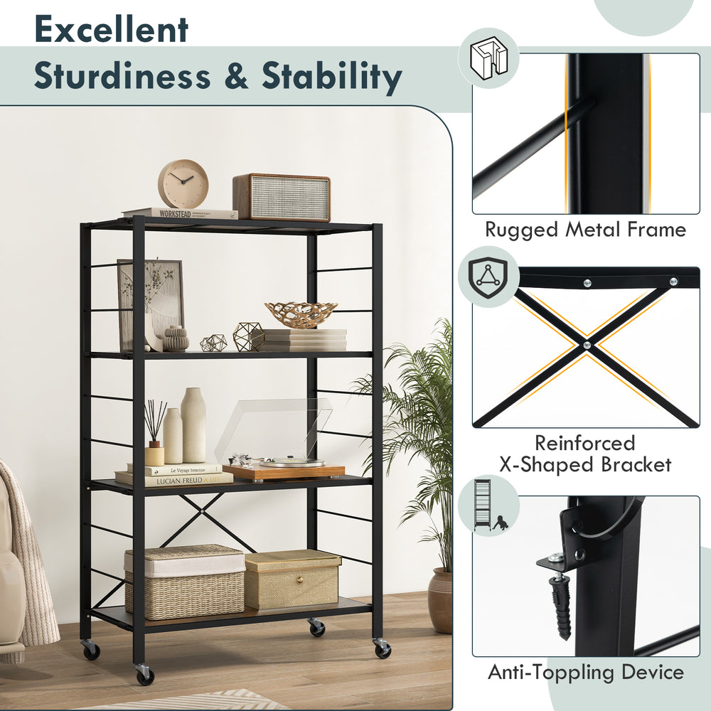 4-tier black foldable storage shelf with sturdy metal frame and wheels, ideal for kitchens and living rooms.