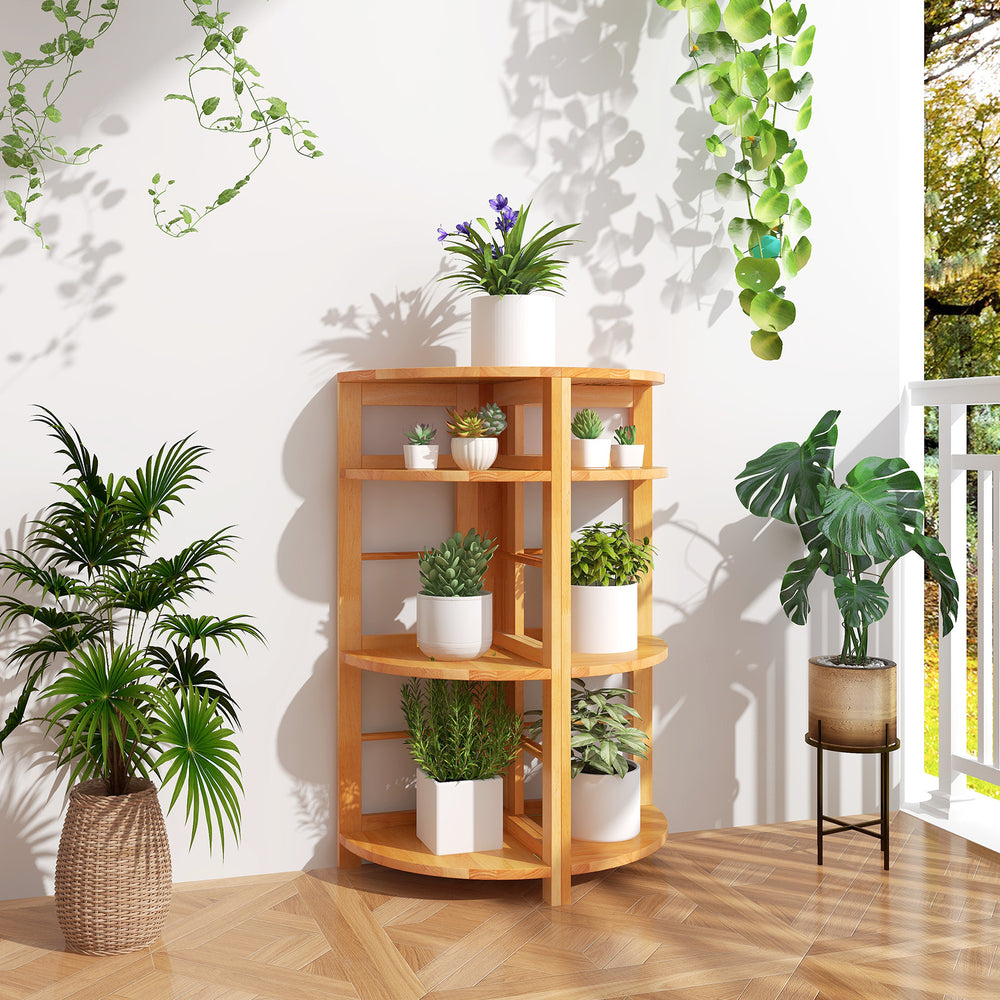 4-tier corner shelf with rubber wood frame, featuring plants in white pots, ideal for space-saving home decor.