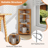 4-tier corner shelf with rubber wood frame, featuring reinforced support bars and anti-toppling device for stability.