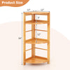 4-tier corner shelf with rubber wood frame, measuring 34” tall, designed for space-saving and stability in home or.