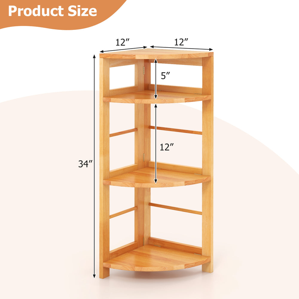 4-tier corner shelf with rubber wood frame, measuring 34” tall, designed for space-saving and stability in home or.
