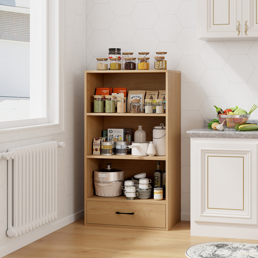 4-Tier Storage Bookcase with Open Shelves Drawer and Anti-toppling Device-Natural - Gallery View 1 of 9