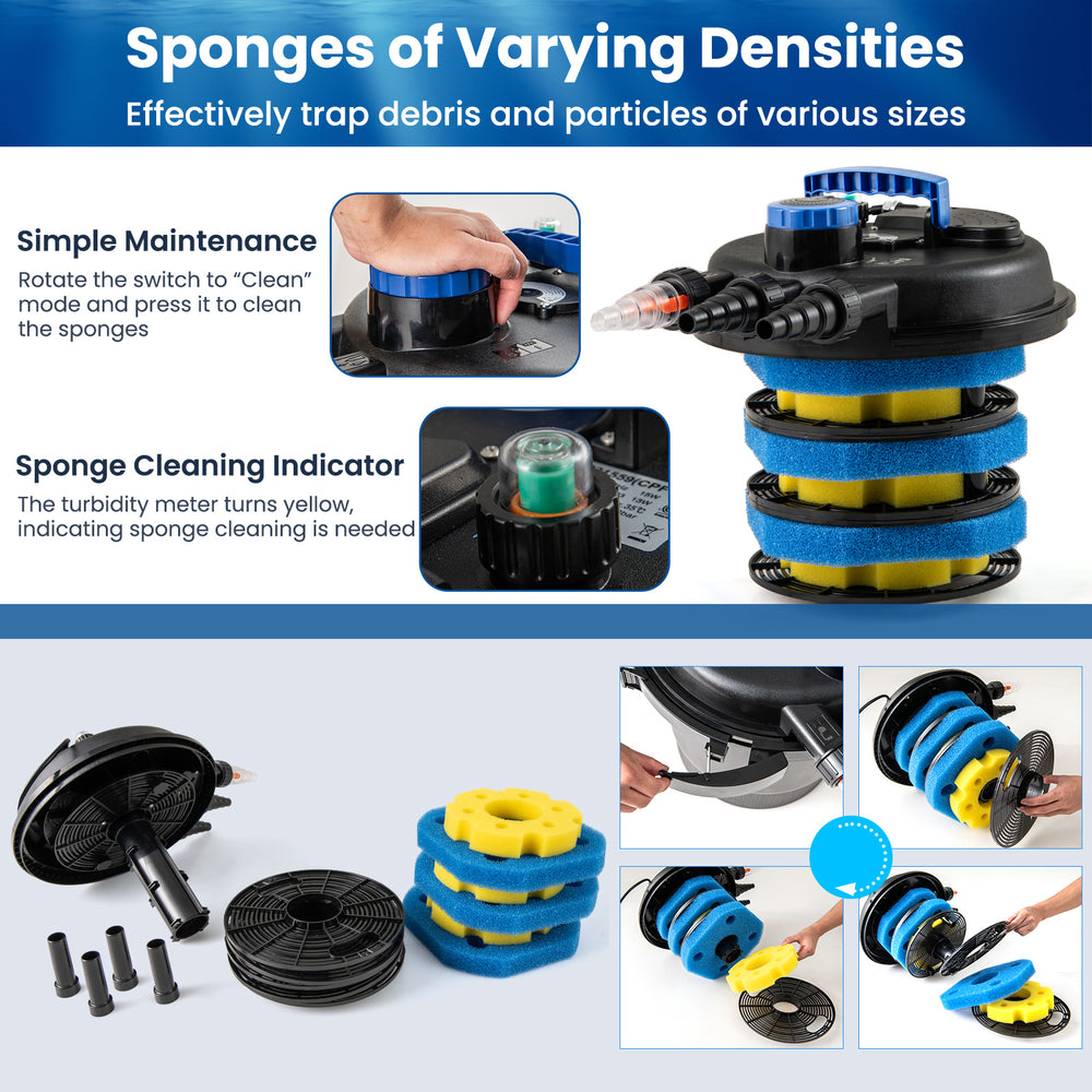 Pressure bio filter with UV light, featuring bio sponges and easy maintenance for ponds and aquariums.