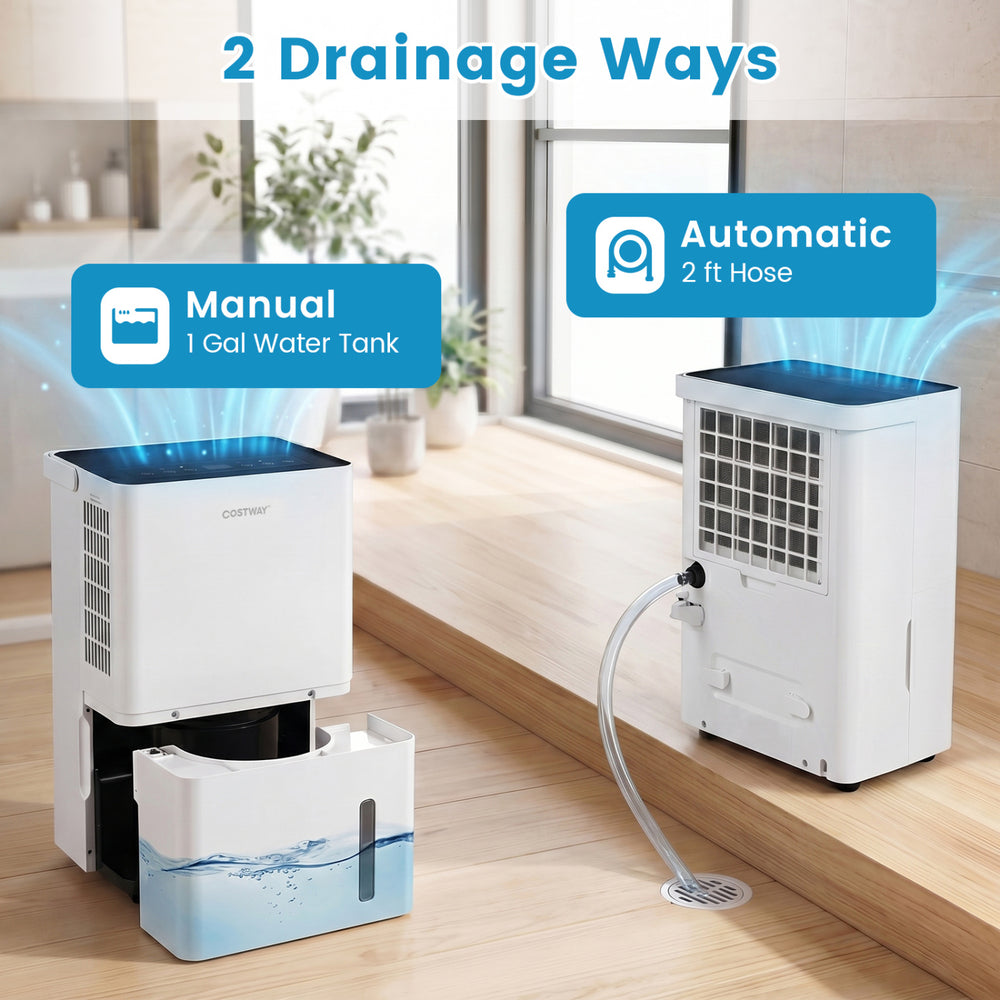 Dehumidifier with 80 pint capacity features manual and automatic drainage options for efficient moisture control.