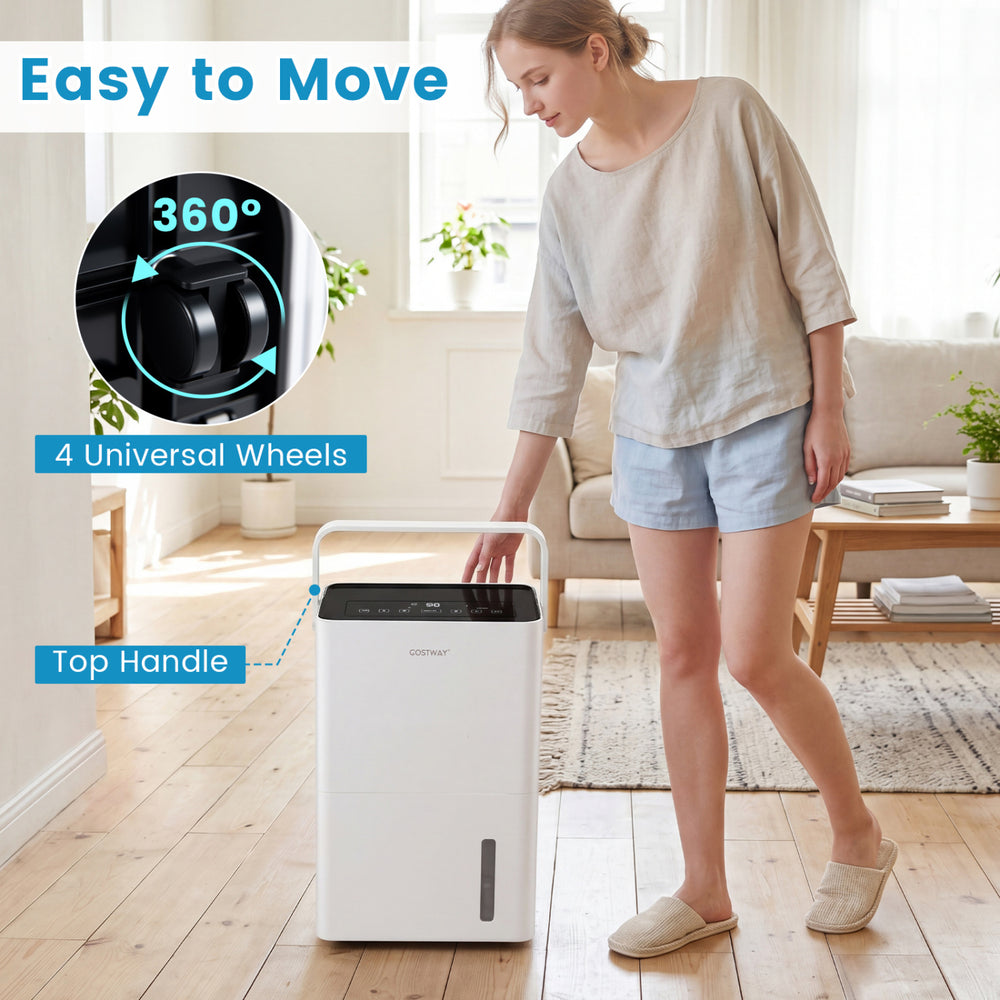 The 4000 Sq.Ft 80 Pint Dehumidifier features a top handle and 4 universal wheels for easy mobility in any room.
