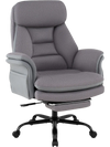 Ergonomic big and tall office chair in gray features adjustable armrests, a retractable footrest, and a padded seat for comfort.