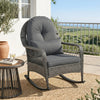 Gray patio rattan rocker chair with thick cushions, designed for comfort and stability, perfect for outdoor relaxation.