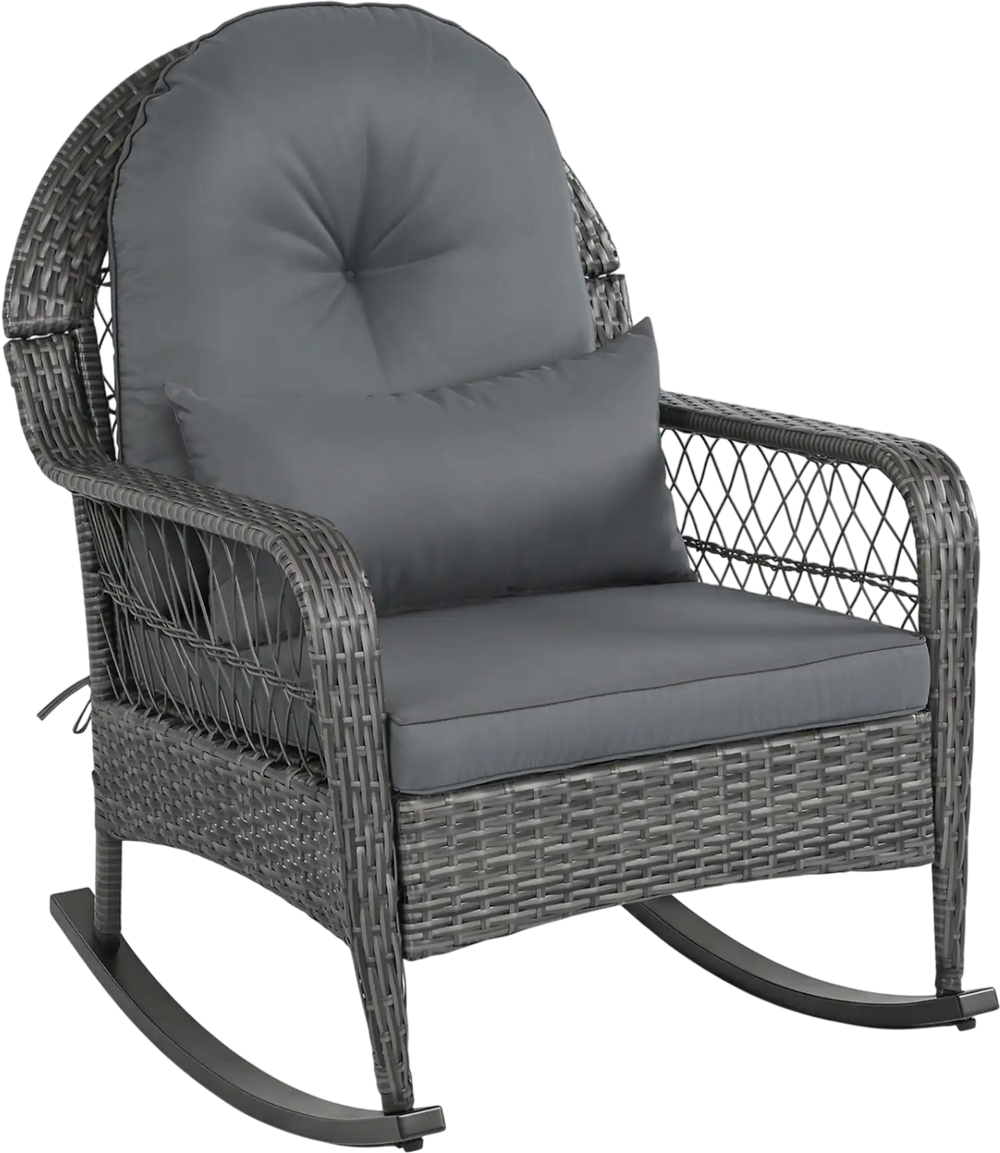 Gray patio rattan rocker chair features thick cushions, anti-tip stoppers, and ergonomic design for comfortable outdoor seating.