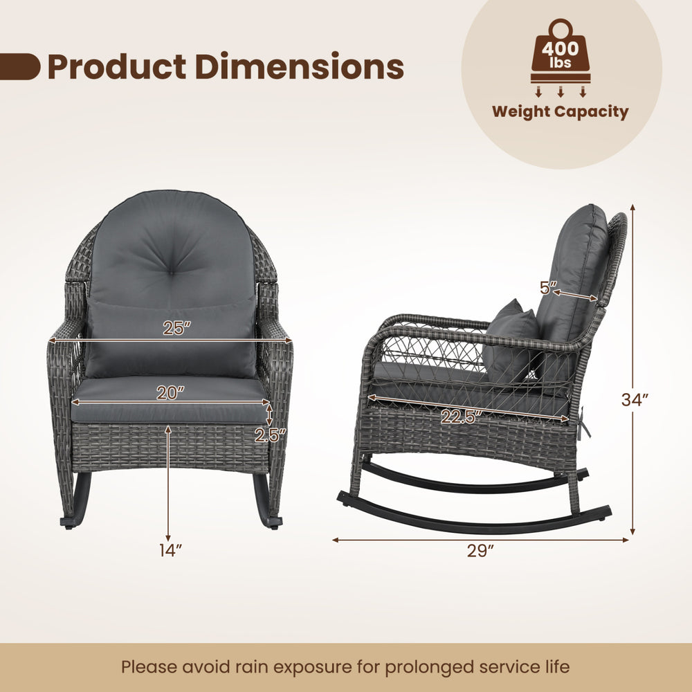 Patio rattan rocker chair in gray with thick cushions, designed for comfort and stability, suitable for outdoor use.