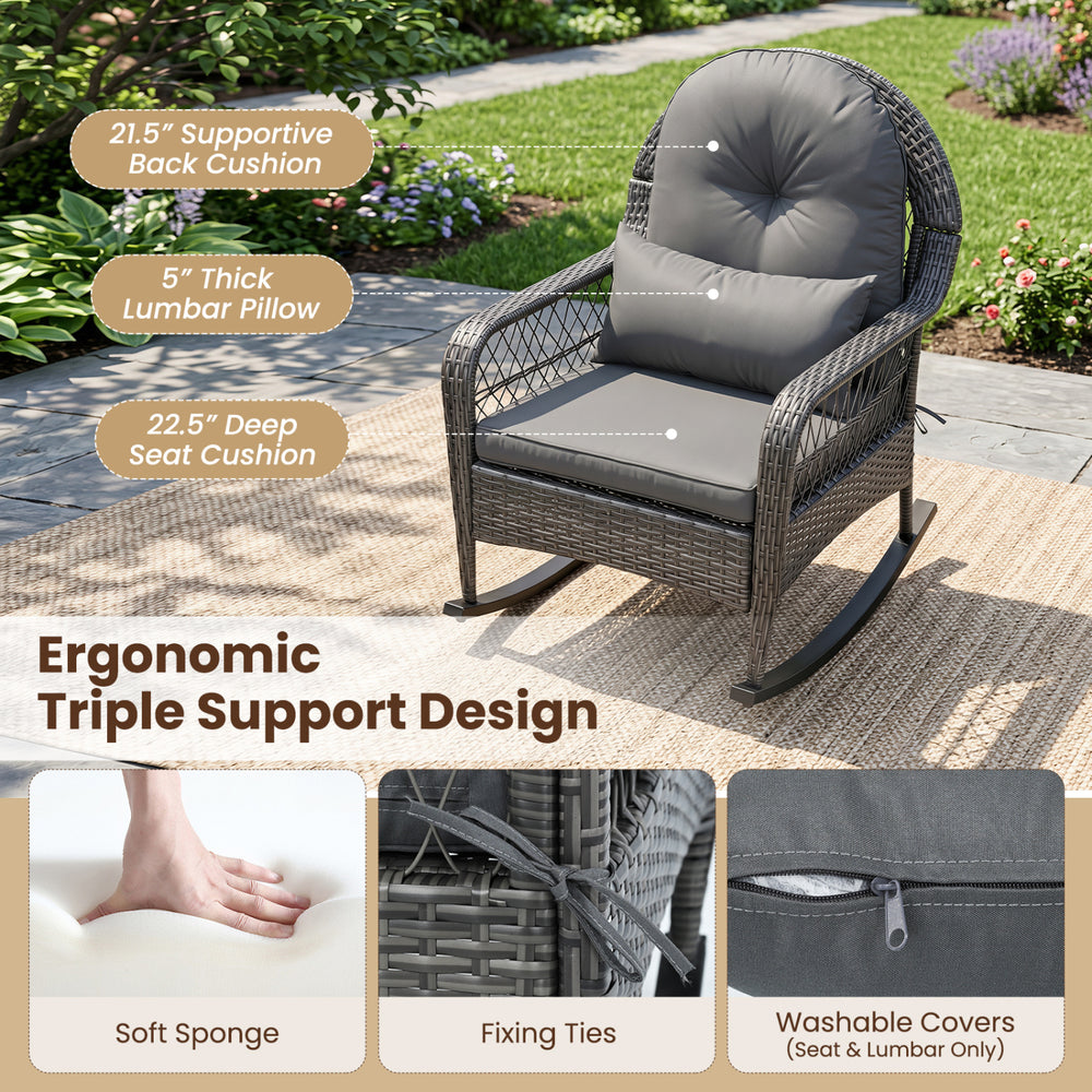 Gray patio rattan rocker chair features a 21.5" back cushion and 5" lumbar pillow, ideal for porch relaxation.