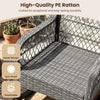Hand-woven gray PE rattan rocking chair with thick cushions, designed for comfort and durability on patios and porches.