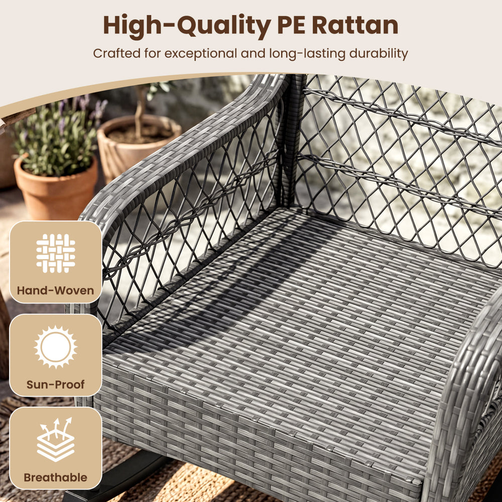 Hand-woven gray PE rattan rocking chair with thick cushions, designed for comfort and durability on patios and porches.