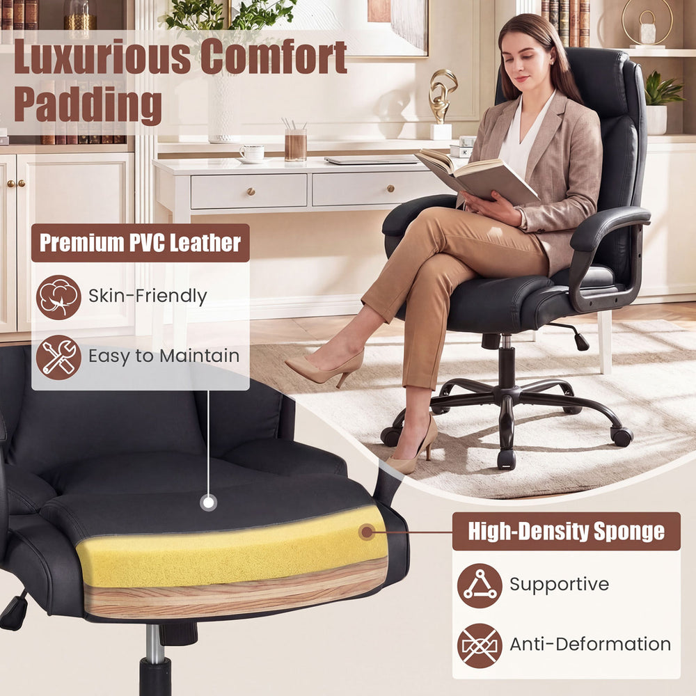 Adjustable high back office chair with premium PVC leather, high-density sponge cushion, and 400 lbs capacity for comfort.