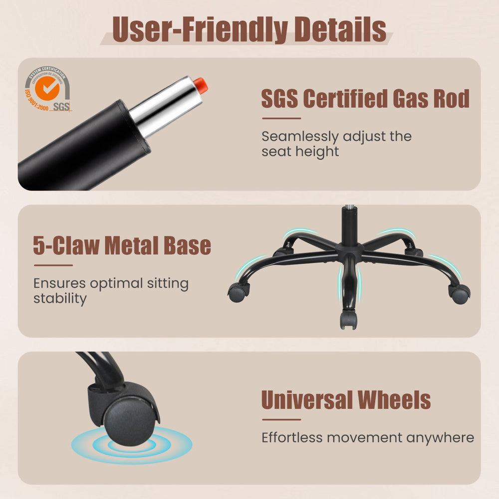 User-friendly details of the adjustable high back leather office chair include a sturdy 5-claw metal base and universal wheels.