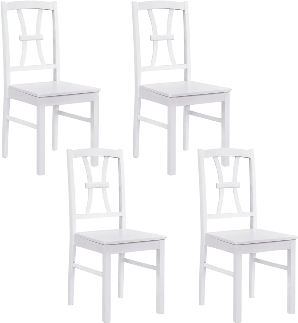Set of 4 white dining chairs with a cross backrest and sturdy rubber wood frame, perfect for kitchen or dining room use.