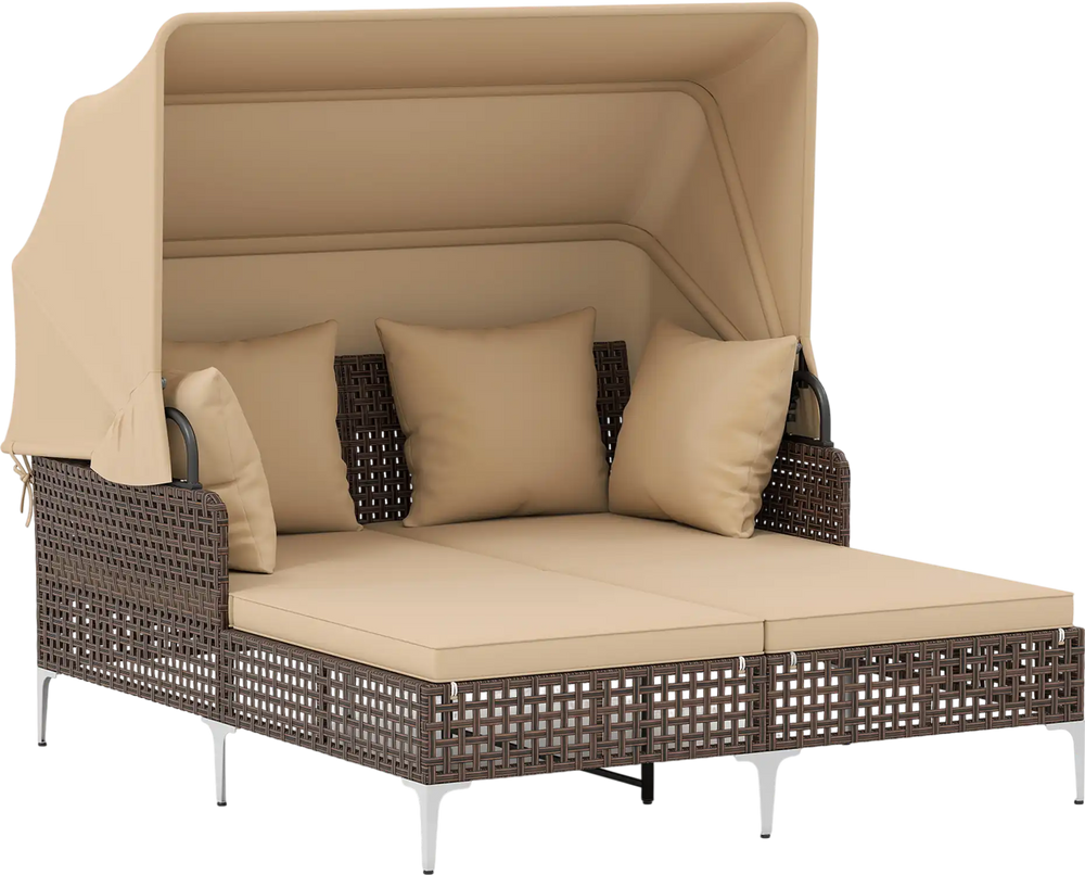 Outdoor daybed with retractable canopy in brown PE wicker rattan, featuring cushions for comfort, ideal for patio.