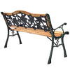 Garden bench chair with wooden seat and iron armrests, featuring a decorative PVC backrest, ideal for outdoor use.