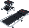 Mechanic creeper and Z-seat in black with 6 swivel casters, designed for comfort and support during vehicle maintenance.