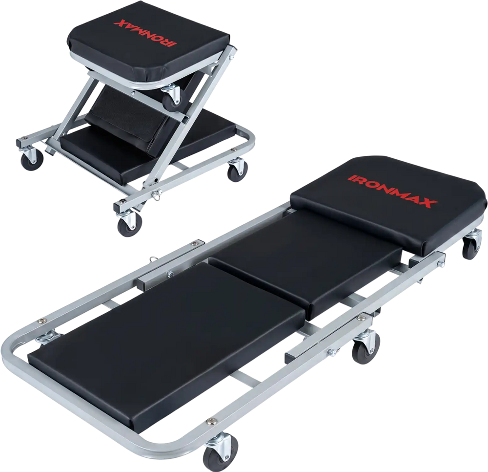 Mechanic creeper and Z-seat in black with 6 swivel casters, designed for comfort and support during vehicle maintenance.