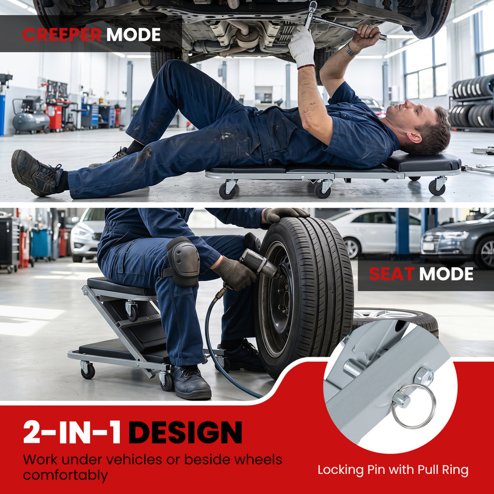 Mechanic creeper and Z-seat in black with 6 swivel casters for comfortable under-vehicle and wheel work.