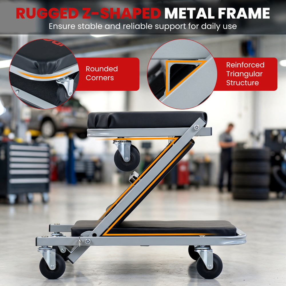 Rugged Z-shaped metal frame mechanic creeper and Z-seat with 6 swivel casters for stable support in garages.