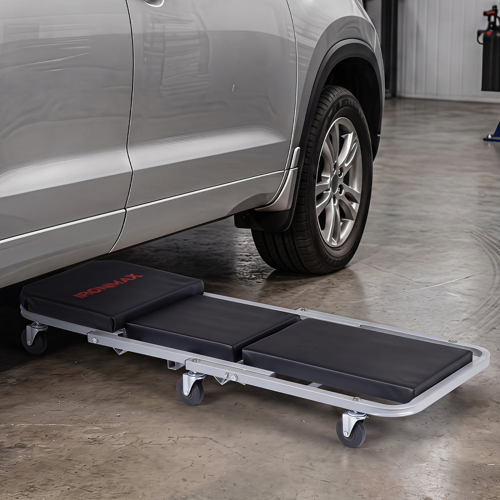 Mechanic creeper and Z-seat with 6 swivel casters, featuring 1.5-inch thick padding for comfort and support in garages.