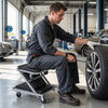 Mechanic creeper and Z-seat with 6 swivel casters, designed for comfort and stability in garage or auto repair shop.