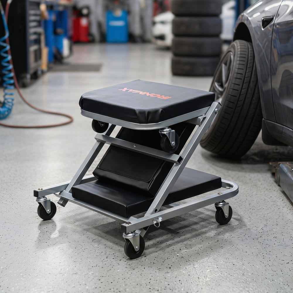 Mechanic creeper and Z-seat with 6 swivel casters, waterproof faux leather, and 1.5-inch thick padding for comfort.
