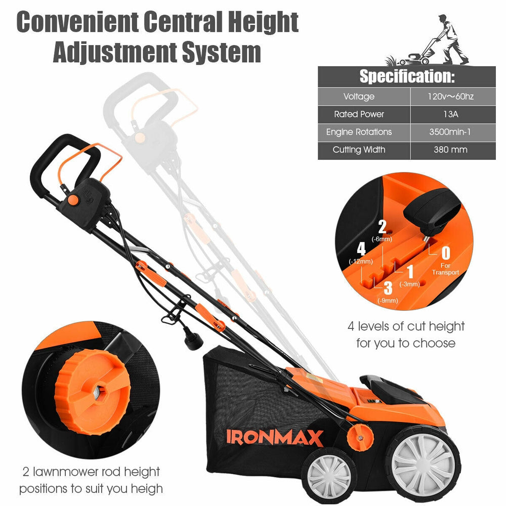Electric scarifier with adjustable height lever, 13 Amp motor, and 50L collection bag for efficient lawn care.