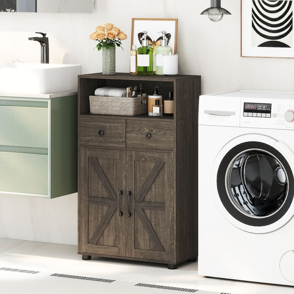 40" bathroom storage cabinet in oak with drawers and barn doors, perfect for organizing essentials in laundry rooms or kitchens.