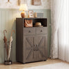 40" oak bathroom storage cabinet featuring barn doors, two drawers, and a removable shelf for organized essentials.