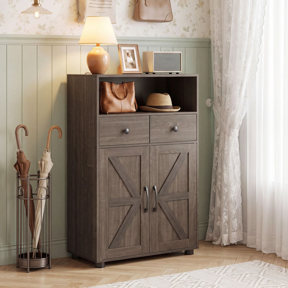 40" oak bathroom storage cabinet featuring barn doors, two drawers, and a removable shelf for organized essentials.