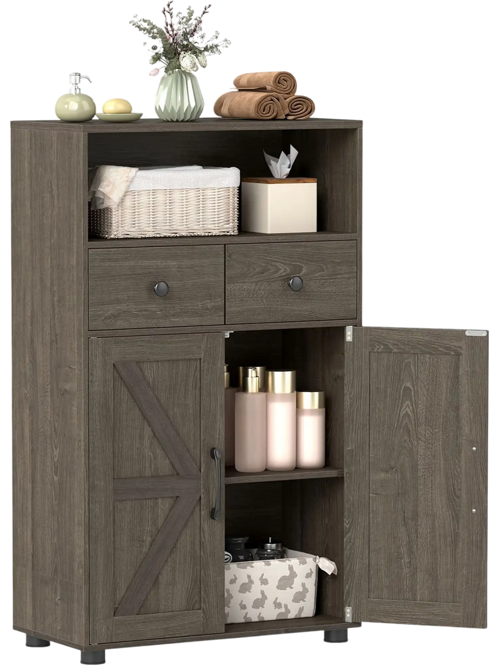 40" bathroom storage cabinet in oak features two drawers, barn doors, and a removable shelf for organized essentials.