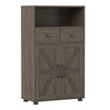 40" bathroom storage cabinet in oak features two drawers, barn doors, and a removable shelf for versatile organization.